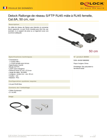 DeLOCK 86999 Network Extension Cable S/FTP RJ45 plug to RJ45 jack Cat.6A 50 cm black Fiche technique | Fixfr