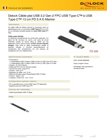 DeLOCK 86939 USB 3.2 Gen 2 FPC Flat Ribbon Cable USB Type-C™ to USB Type-C™ 13 cm PD 5 A E-Marker Fiche technique | Fixfr