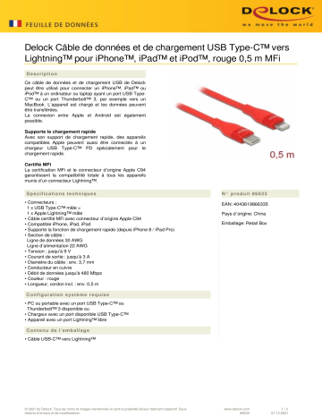 DeLOCK 86633 Data and charging cable USB Type-C™ to Lightning™ for iPhone™, iPad™ and iPod™ red 0.5 m MFi Fiche technique | Fixfr