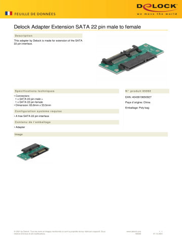 DeLOCK 65092 Adapter Extension SATA 22 pin male to female Fiche technique | Fixfr