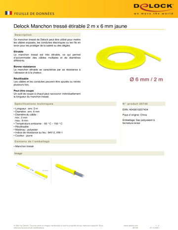 DeLOCK 20740 Braided Sleeve stretchable 2 m x 6 mm yellow Fiche technique | Fixfr