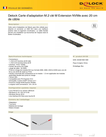 DeLOCK 64136 Riser Card M.2 Key M Extension NVMe Fiche technique | Fixfr