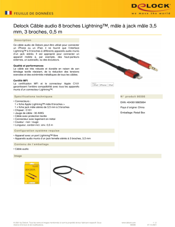 DeLOCK 86586 Audio Cable 8 pin Lightning™ male to Stereo jack male 3.5 mm 3 pin 0.5 m  Fiche technique | Fixfr