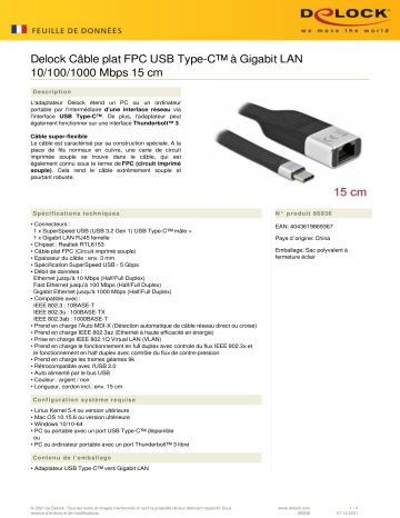 DeLOCK 86936 FPC Flat Ribbon Cable USB Type-C™ to Gigabit LAN 10/100/1000 Mbps 15 cm Fiche technique | Fixfr