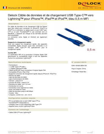 DeLOCK 85415 Data and charging cable USB Type-C™ to Lightning™ for iPhone™, iPad™ and iPod™ blue 0.5 m MFi Fiche technique | Fixfr