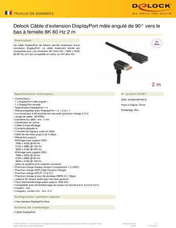 DeLOCK 87091 DisplayPort extension cable male 90° downwards angled to female 8K 60 Hz 2 m Fiche technique | Fixfr