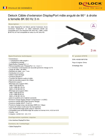 DeLOCK 87079 DisplayPort extension cable male 90° right angled to female 8K 60 Hz 3 m Fiche technique | Fixfr