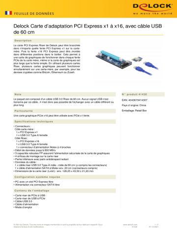 DeLOCK 41430 Riser Card PCI Express x1 to x16 Fiche technique | Fixfr