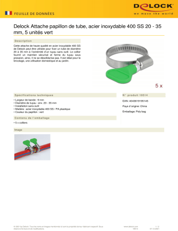 DeLOCK 19514 Butterfly Hose Clamp stainless steel 400 SS 20 - 35 mm 5 pieces green Fiche technique | Fixfr