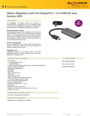 DeLOCK 63200 Active mini DisplayPort 1.4 to HDMI Adapter 8K Fiche technique | Fixfr