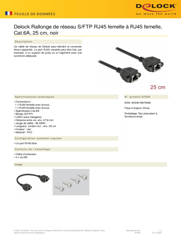 DeLOCK 87006 Network Extension Cable S/FTP RJ45 jack to RJ45 jack Cat.6A 25 cm black  Fiche technique | Fixfr