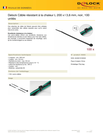 DeLOCK 19353 Cable tie heat resistant L 200 x W 3.6 mm black 100 pieces Fiche technique | Fixfr