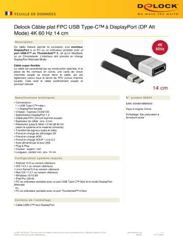 DeLOCK 86934 FPC Flat Ribbon Cable USB Type-C™ to DisplayPort (DP Alt Mode) 4K 60 Hz 14 cm Fiche technique | Fixfr