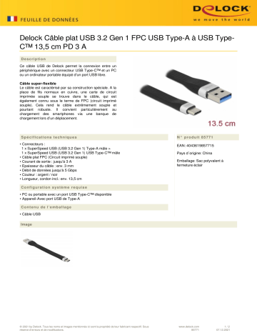 DeLOCK 85771 USB 3.2 Gen 1 FPC Flat Ribbon Cable USB Type-A to USB Type-C™ 13.5 cm PD 3 A Fiche technique | Fixfr