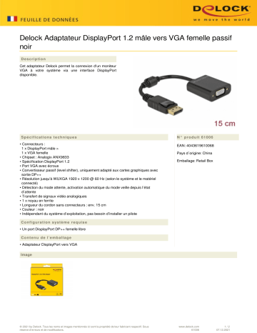 DeLOCK 61006 Adapter DisplayPort 1.2 male to VGA female Passive black Fiche technique | Fixfr