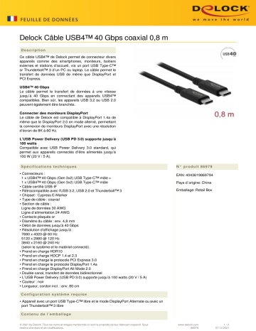 DeLOCK 86979 USB4™ 40 Gbps Coaxial Cable 0.8 m Fiche technique | Fixfr