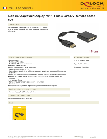 DeLOCK 61008 Adapter DisplayPort 1.1 male to DVI female Passive black Fiche technique | Fixfr