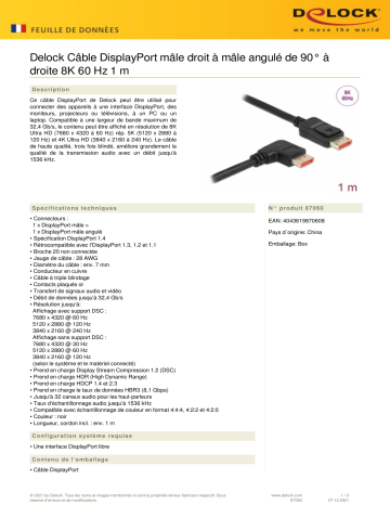 DeLOCK 87060 DisplayPort cable male straight to male 90° right angled 8K 60 Hz 1 m Fiche technique | Fixfr