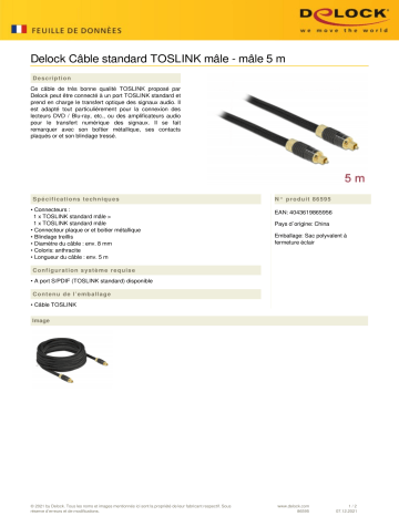 DeLOCK 86595 TOSLINK Standard Cable male - male 5 m Fiche technique | Fixfr