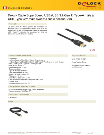 DeLOCK 84031 SuperSpeed USB (USB 3.2 Gen 1) Cable Type-A male to USB Type-C™ male Fiche technique | Fixfr