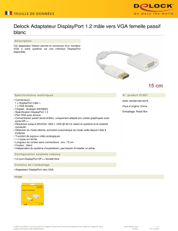 DeLOCK 61007 Adapter DisplayPort 1.2 male to VGA female Passive white Fiche technique | Fixfr