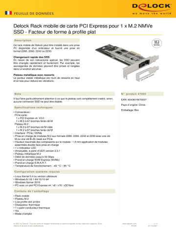 DeLOCK 47003 Mobile Rack PCI Express Card for 1 x M.2 NMVe SSD - Low Profile Form Factor Fiche technique | Fixfr