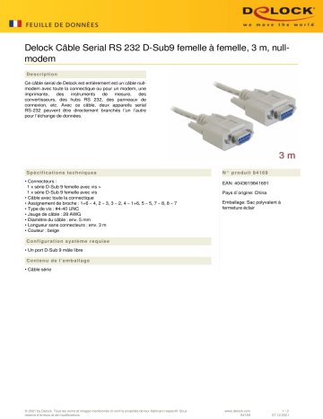 DeLOCK 84169 Serial Cable RS-232 D-Sub9 female to female 3 m null modem Fiche technique | Fixfr