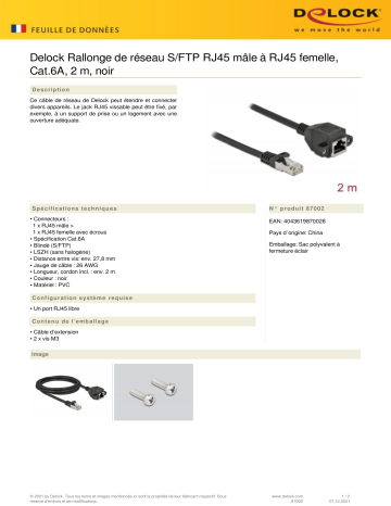 DeLOCK 87002 Network Extension Cable S/FTP RJ45 plug to RJ45 jack Cat.6A 2 m black Fiche technique | Fixfr