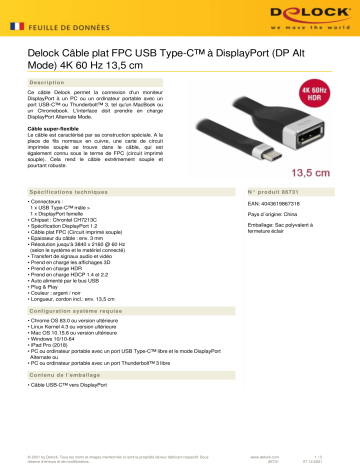 DeLOCK 86731 FPC Flat Ribbon Cable USB Type-C™ to DisplayPort (DP Alt Mode) 4K 60 Hz 13.5 cm Fiche technique | Fixfr