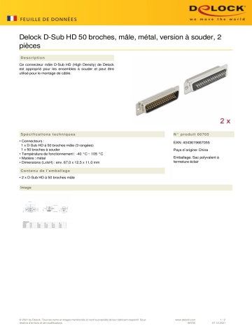 DeLOCK 66705 D-Sub HD 50 pin male metal, solder version, 2 pieces Fiche technique | Fixfr
