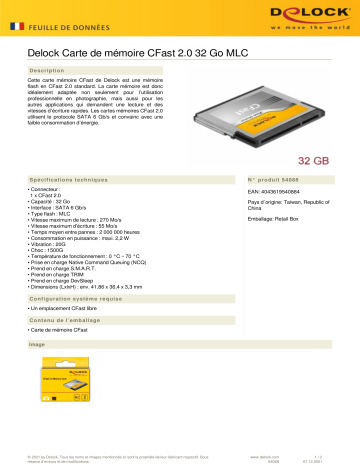 DeLOCK 54088 CFast 2.0 memory card 32 GB MLC Fiche technique | Fixfr