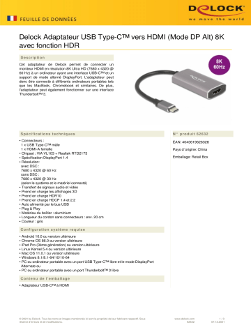 DeLOCK 62632 USB Type-C™ Adapter to HDMI (DP Alt Mode) 8K Fiche technique | Fixfr
