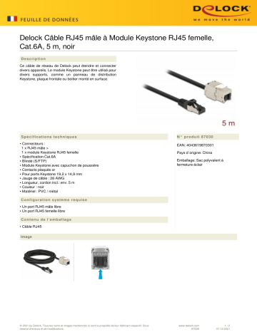 DeLOCK 87030 Cable RJ45 plug to Keystone Module RJ45 jack Cat.6A 5 m black Fiche technique | Fixfr
