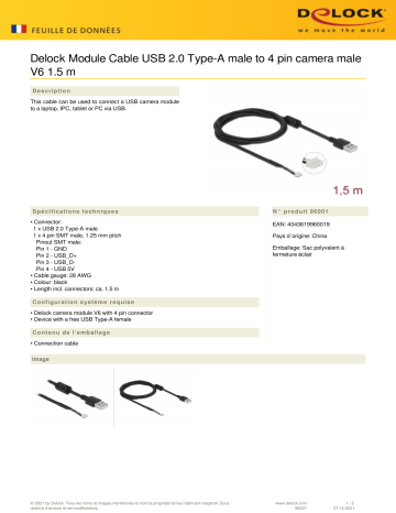 DeLOCK 96001 Module Cable USB 2.0 Type-A male to 4 pin camera male V6 1.5 m  Fiche technique | Fixfr