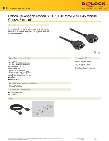 DeLOCK 87012 Network Extension Cable S/FTP RJ45 jack to RJ45 jack Cat.6A 5 m black Fiche technique | Fixfr