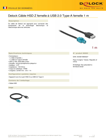 DeLOCK 90502 Cable HSD Z female to USB 2.0 Type-A female 1 m Fiche technique | Fixfr