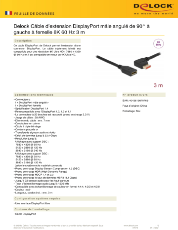 DeLOCK 87076 DisplayPort extension cable male 90° left angled to female 8K 60 Hz 3 m Fiche technique | Fixfr