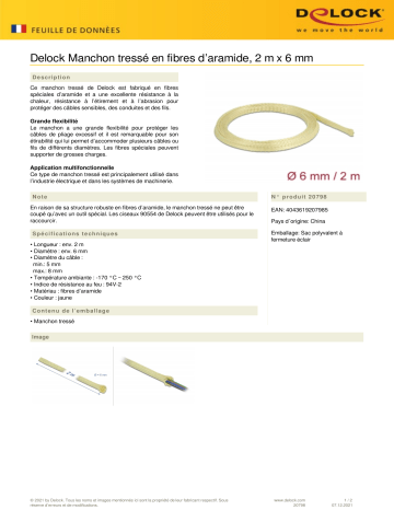 DeLOCK 20798 Braided Sleeve made of aramid fibers 2 m x 6 mm Fiche technique | Fixfr