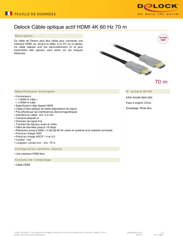 DeLOCK 84136 Active Optical Cable HDMI 4K 60 Hz 70 m Fiche technique | Fixfr