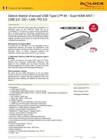 DeLOCK 87774 USB Type-C™ Docking Station 4K - Dual HDMI MST / USB 3.2 / SD / LAN / PD 3.0 Fiche technique | Fixfr