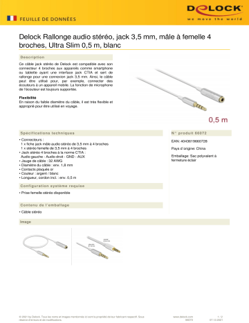DeLOCK 66072 Audio Extension Cable Stereo Jack 3.5 mm 4 pin male to female Ultra Slim 0.5 m white  Fiche technique | Fixfr