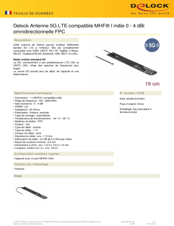 DeLOCK 12706 5G LTE Antenna MHF® I compatible plug 0 - 4 dBi omnidirectional FPC Fiche technique | Fixfr