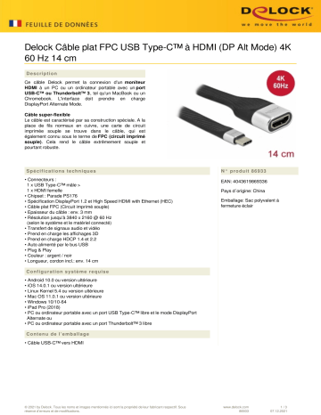 DeLOCK 86933 FPC Flat Ribbon Cable USB Type-C™ to HDMI (DP Alt Mode) 4K 60 Hz 14 cm Fiche technique | Fixfr