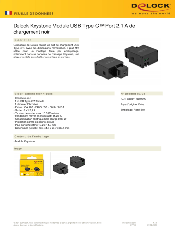 DeLOCK 87793 Keystone Module USB Type-C™ Charging Port 2.1 A black Fiche technique | Fixfr