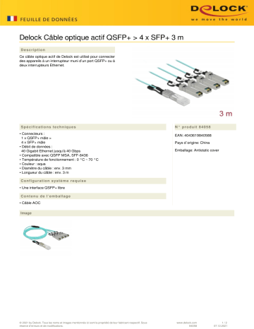 DeLOCK 84058 Active Optical Cable QSFP+ to 4 x SFP+ 3 m Fiche technique | Fixfr