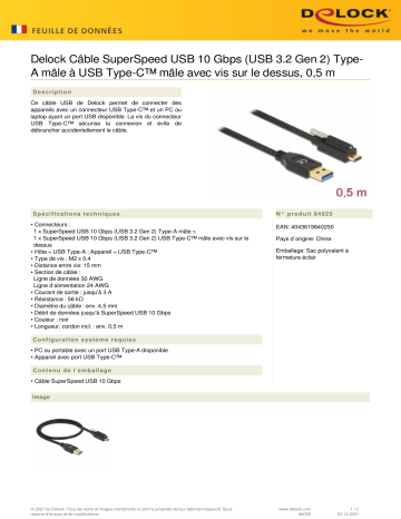 DeLOCK 84025 SuperSpeed USB 10 Gbps (USB 3.2 Gen 2) Cable Type-A male to USB Type-C™ male Fiche technique | Fixfr