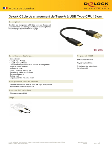 DeLOCK 85354 USB Charging Cable Type-A to USB Type-C™ 15 cm Fiche technique | Fixfr