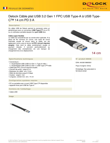 DeLOCK 86938 USB 3.2 Gen 1 FPC Flat Ribbon Cable USB Type-A to USB Type-C™ 14 cm PD 3 A Fiche technique | Fixfr