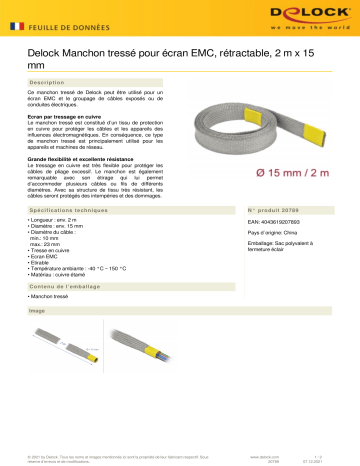 DeLOCK 20789 Braided sleeve for EMC shielding stretchable 2 m x 15 mm Fiche technique | Fixfr