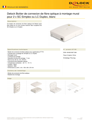 DeLOCK 87138 Optical Fiber Connection Box for wall mounting for 2 x SC Simplex or LC Duplex white  Fiche technique | Fixfr